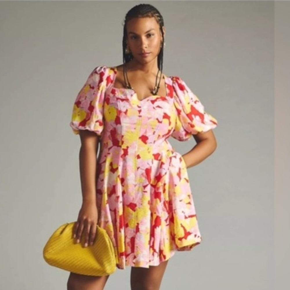 Anthropologie Dress 16W Red Pink Floral Puff Sleeve Smocked Back Square Neck